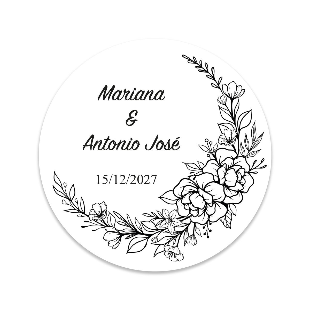 Adesivo rotondo personalizzabile di fiori bianchi e neri da 3 cm per matrimoni