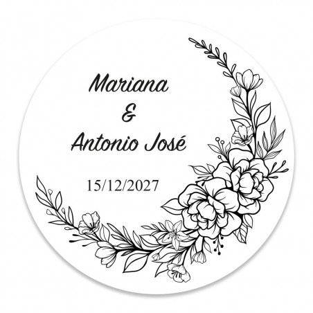 Adesivo rotondo personalizzabile di fiori bianchi e neri da 3 cm per matrimoni