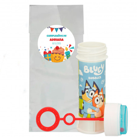 Pompero bluey in busta con simpatico adesivo di compleanno personalizzabile per dettagli