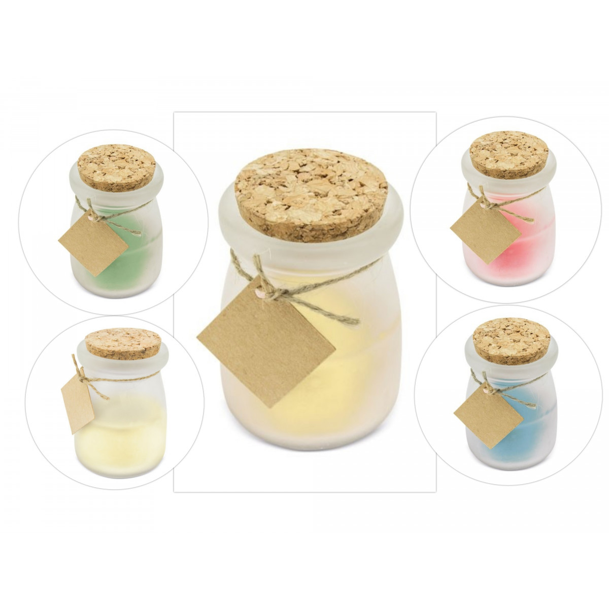 Candele aromatiche con tappo di sughero e biglietto per dediche