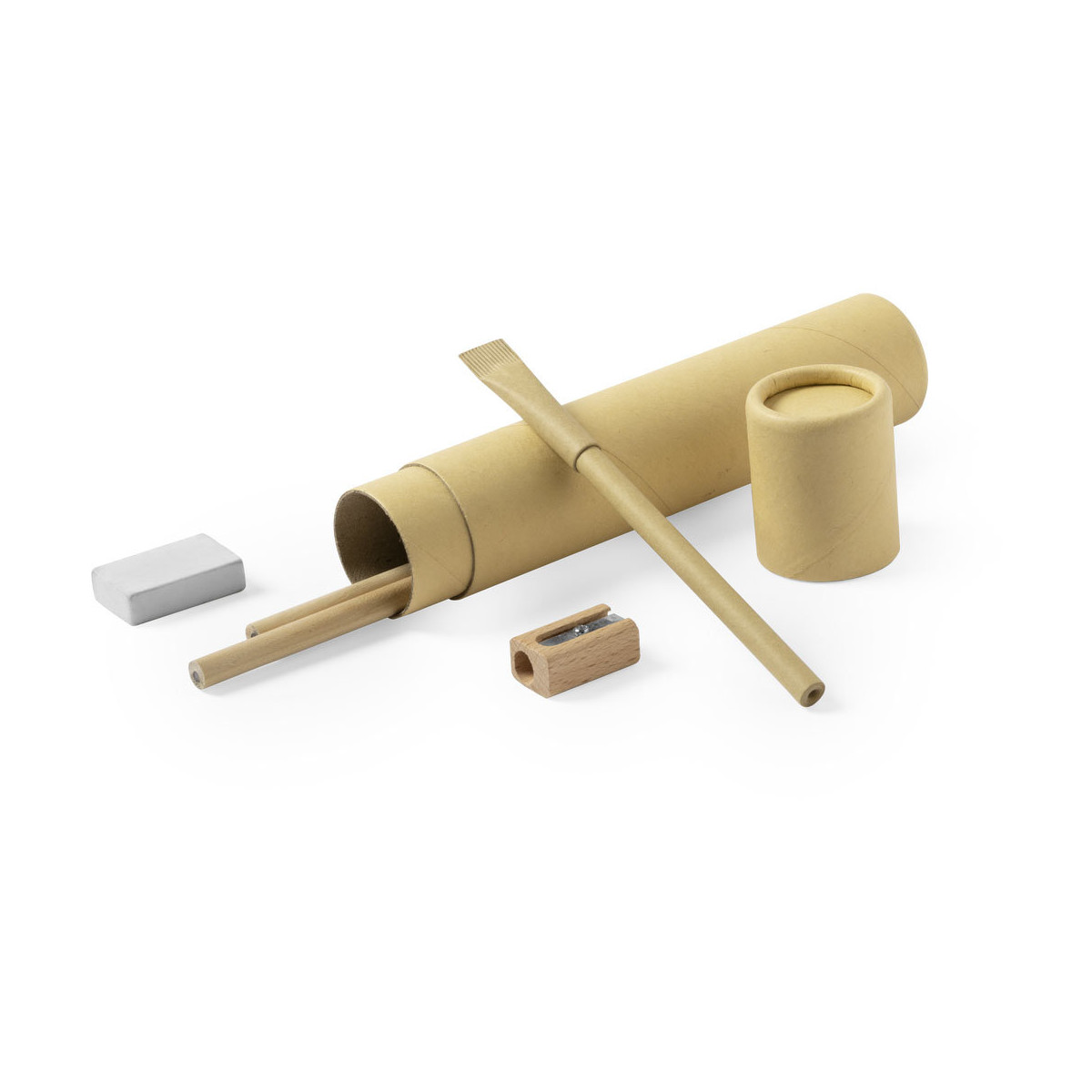 Matite e utensili per scrivere in legno in una custodia realizzata con materiali riciclati