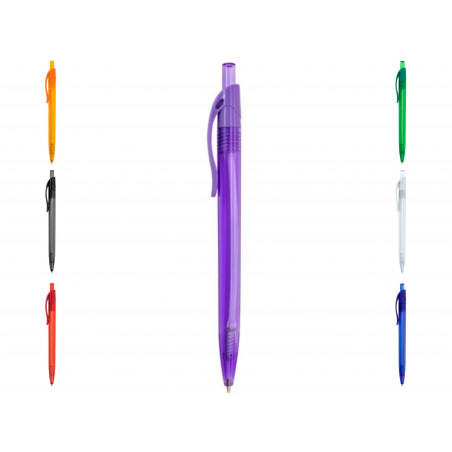 Penna a sfera trasparente di colori assortiti con clip. Dettaglio pratico ed economico per matrimoni, comunioni, battesimi ed