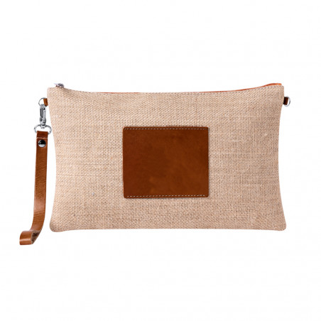 Necessaire in juta con dettagli in ecopelle e manico