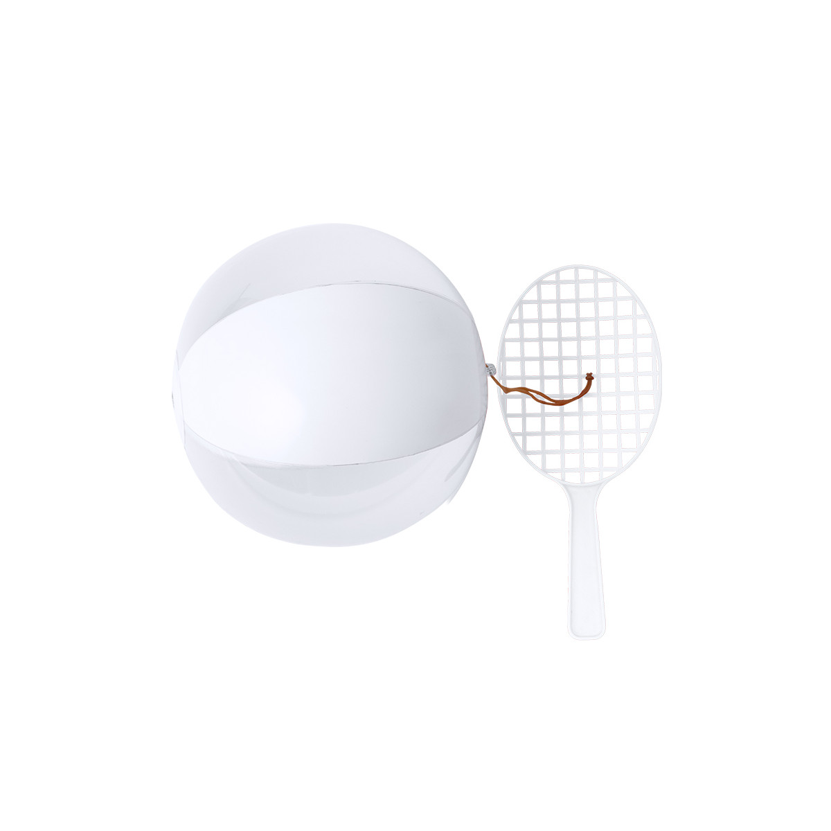Set composto da racchetta e pallone da spiaggia uniti con elastico bianco