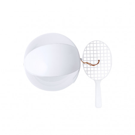 Set composto da racchetta e pallone da spiaggia uniti con elastico bianco