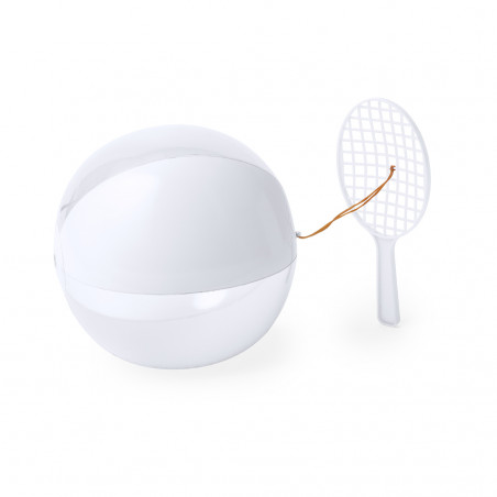 Set composto da racchetta e pallone da spiaggia uniti con elastico bianco