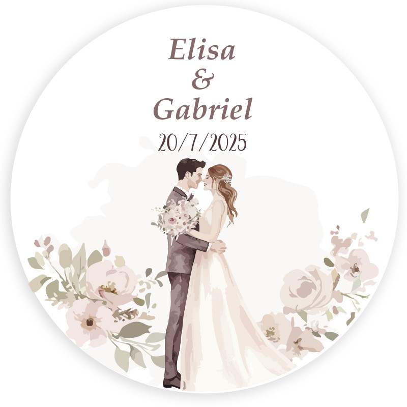 Adesivo personalizzato 5cm sposi che si baciano circondati da fiori per matrimoni