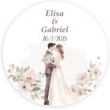 Adesivo personalizzato 5cm sposi che si baciano circondati da fiori per matrimoni