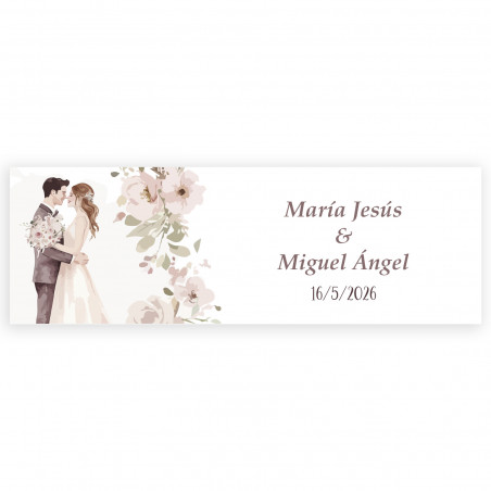 Adesivo personalizzato romantico 6x2cm fiori e sposi che si baciano per matrimoni