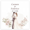 Adesivo personalizzato romantico 5x5cm fiori e sposi che si baciano per matrimoni