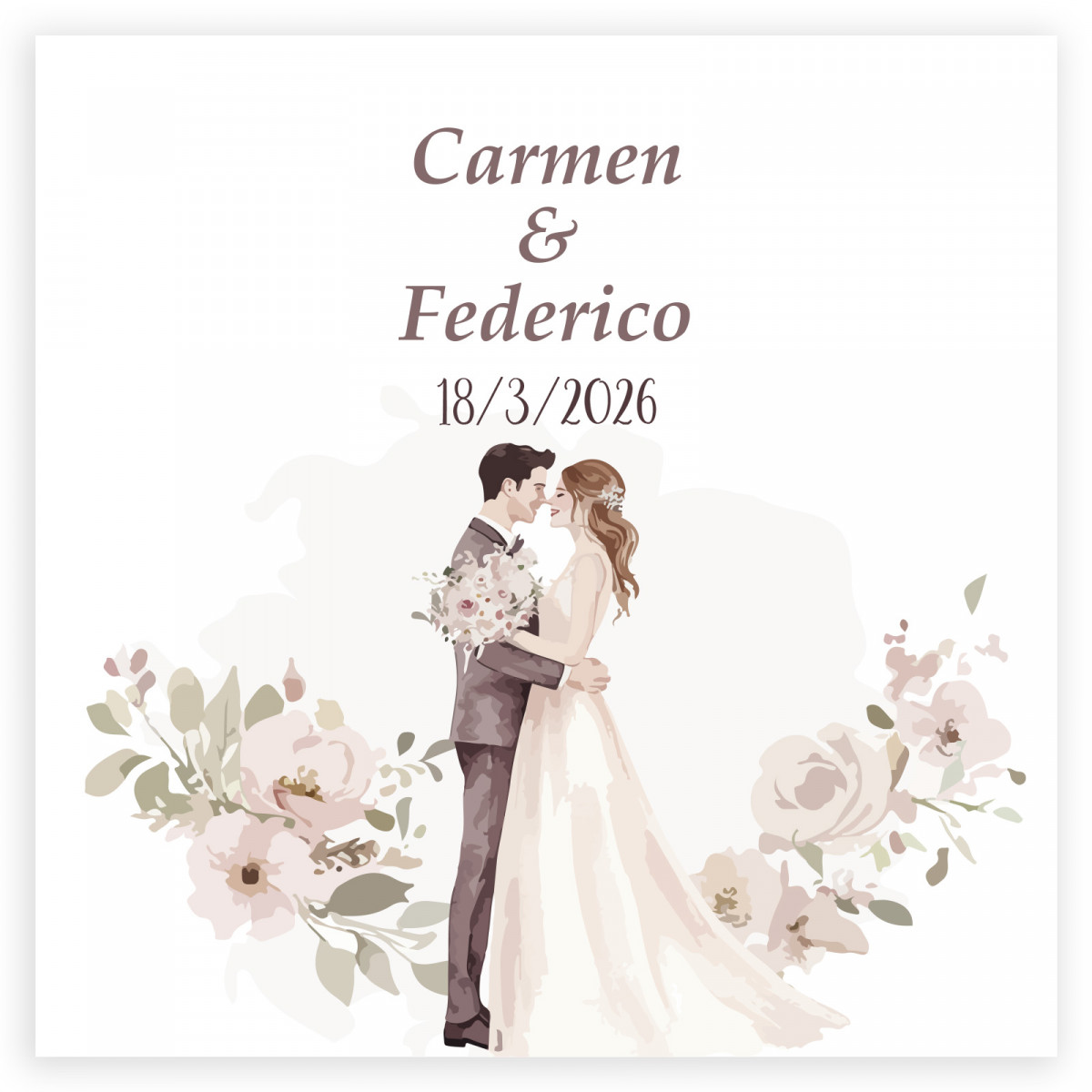 Adesivo personalizzato romantico 5x5cm fiori e sposi che si baciano per matrimoni