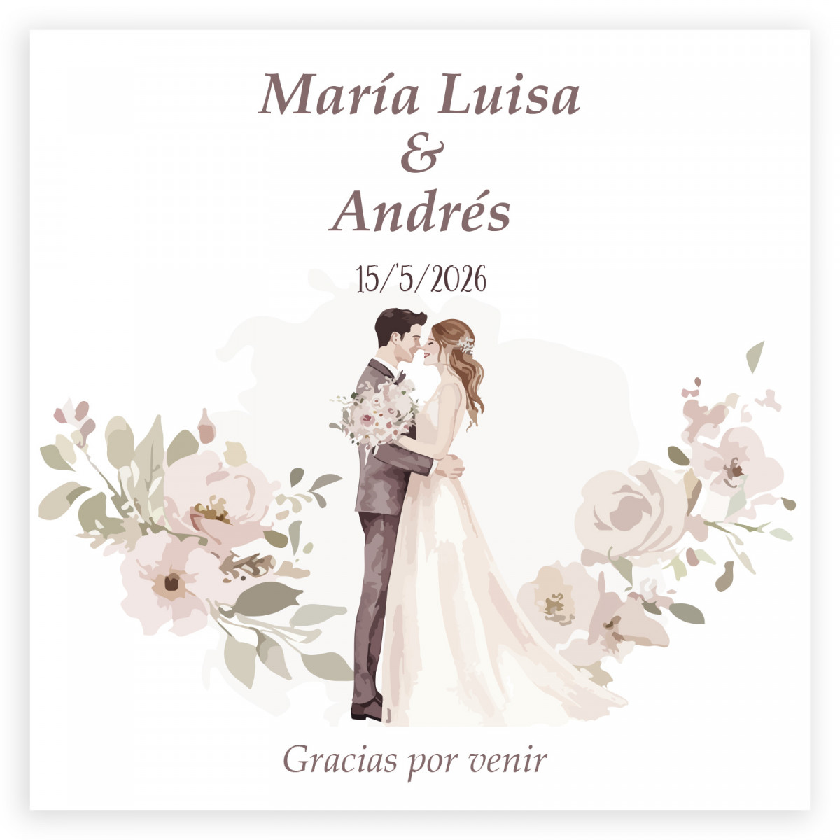 Biglietto di ringraziamento personalizzato 8x8 romantico con fiori e sposi per matrimoni