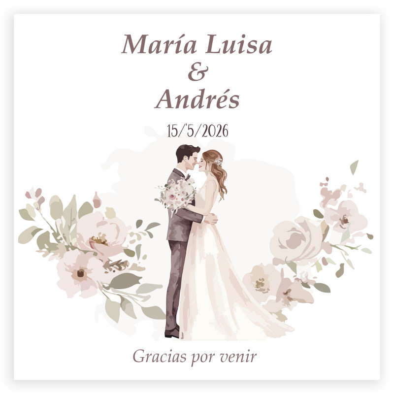 Biglietto di ringraziamento personalizzato 8x8 romantico con fiori e sposi per matrimoni
