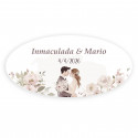 Adesivo personalizzato ovale sposi che si baciano circondati da fiori per matrimoni