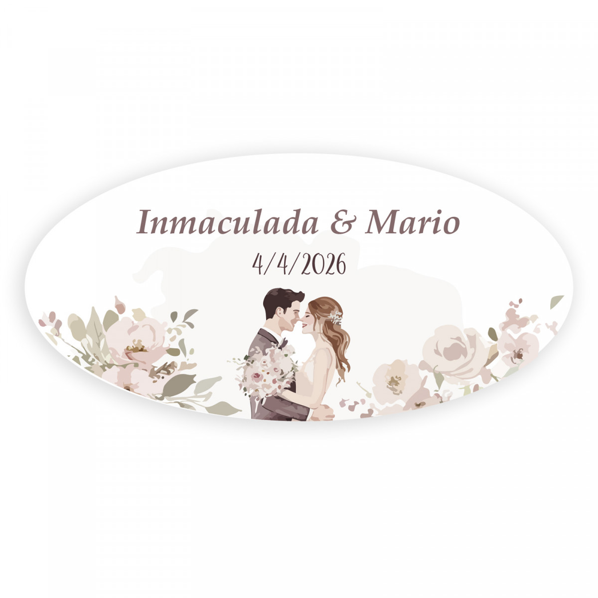 Adesivo personalizzato ovale sposi che si baciano circondati da fiori per matrimoni