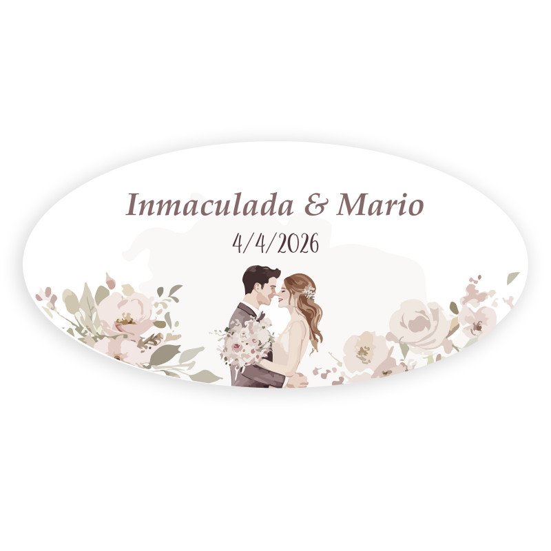 Adesivo personalizzato ovale sposi che si baciano circondati da fiori per matrimoni