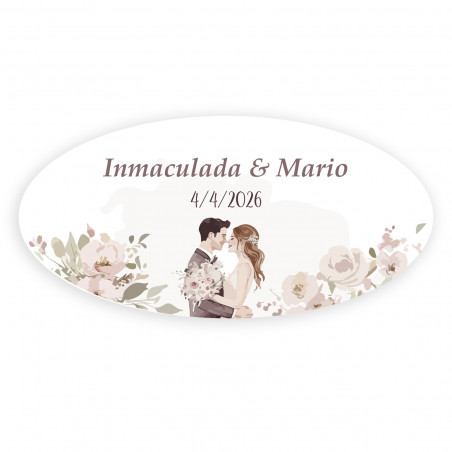 Adesivo personalizzato ovale sposi che si baciano circondati da fiori per matrimoni