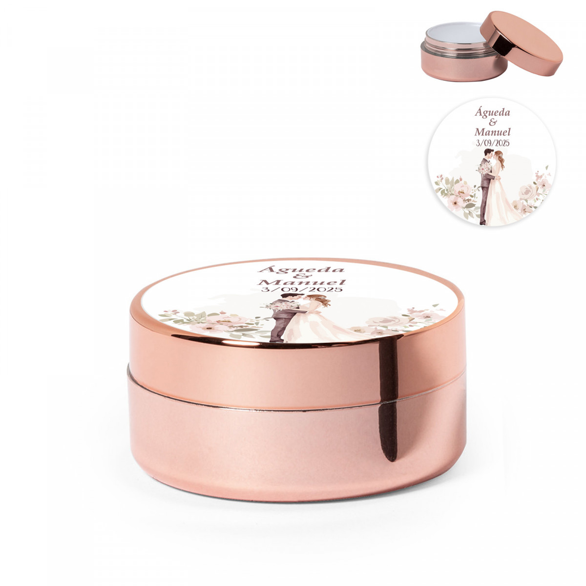 Balsamo labiale oro rosa con tappo personalizzato per dettagli di matrimonio