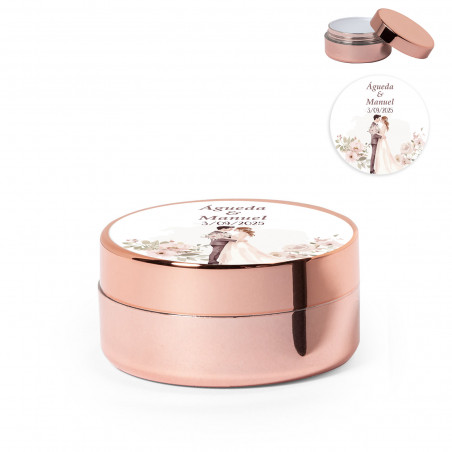Balsamo labiale oro rosa con tappo personalizzato per dettagli di matrimonio