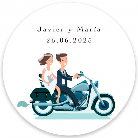 Adesivo rotondo da 5 cm di sposi in moto personalizzabile