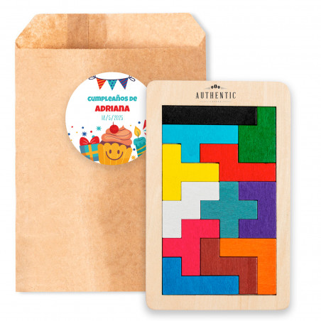Tetris in legno in busta kraft con adesivo di compleanno personalizzabile per i dettagli