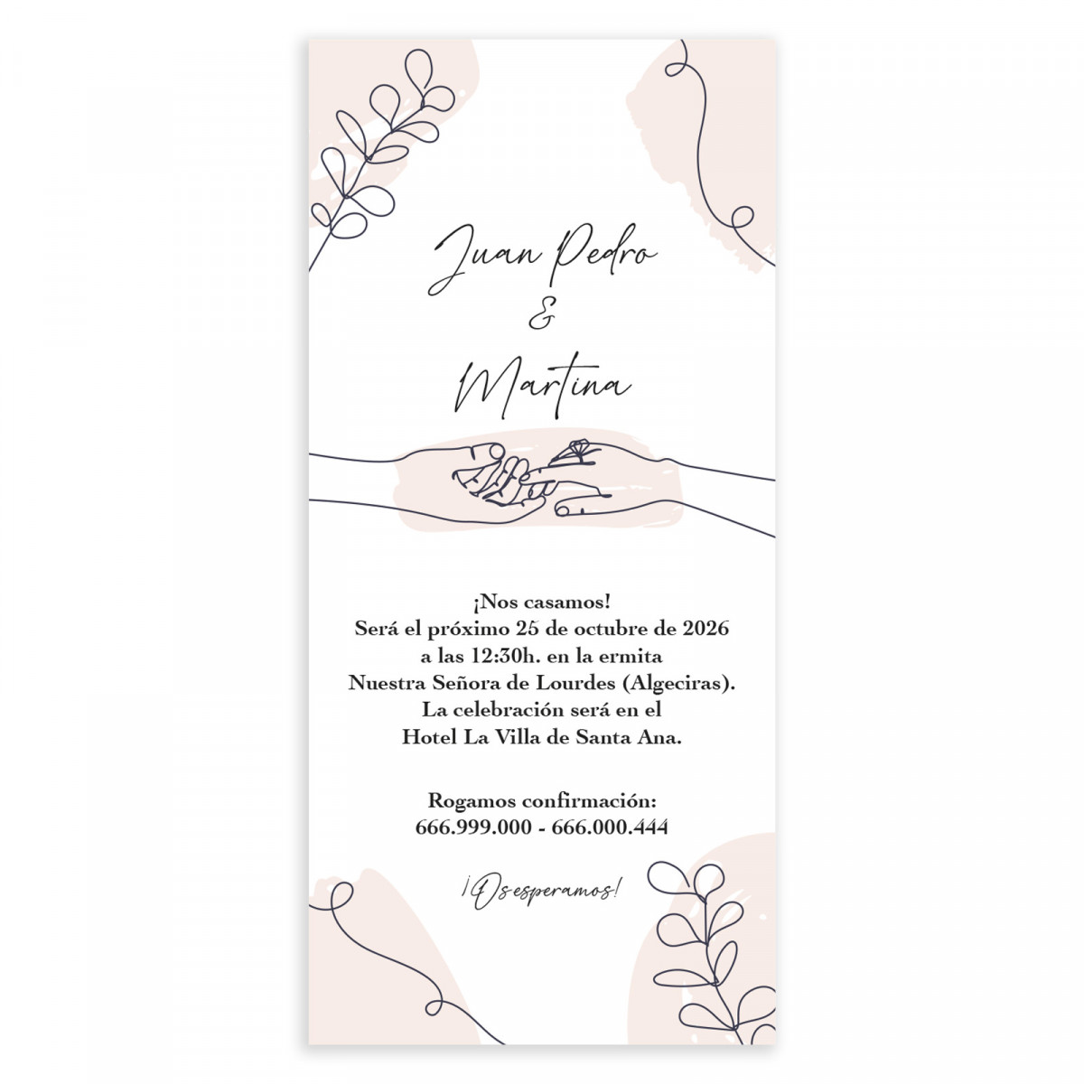 Invito di matrimonio biglietto verticale con disegni a mano di mani ed elementi decorativi