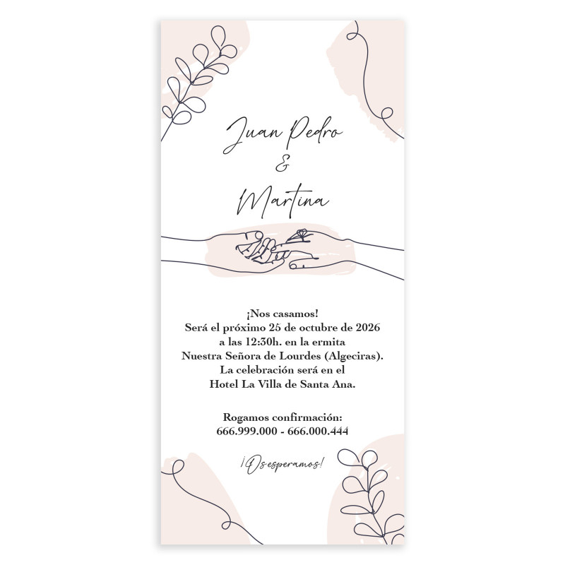 Invito di matrimonio biglietto verticale con disegni a mano di mani ed elementi decorativi