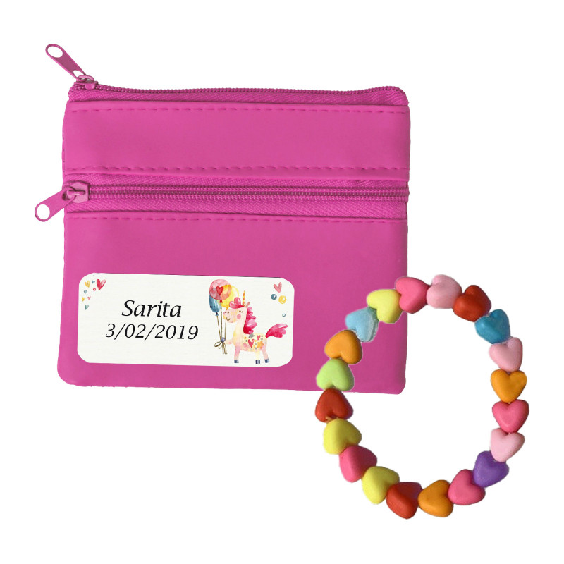 Bracciale infantile e portafoglio fucsia personalizzato con adesivo di unicorno per dettagli