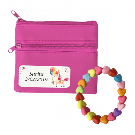 Bracciale infantile e portafoglio fucsia personalizzato con adesivo di unicorno per dettagli