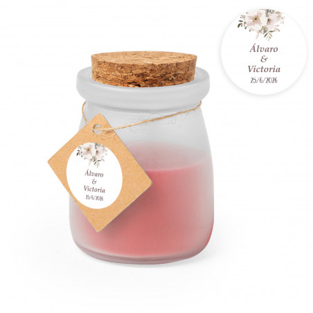 Candele aromatiche rosse con etichetta kraft personalizzata per matrimoni ed eventi