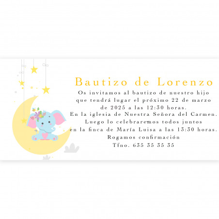 Invito per battesimo design elefante con busta bianca
