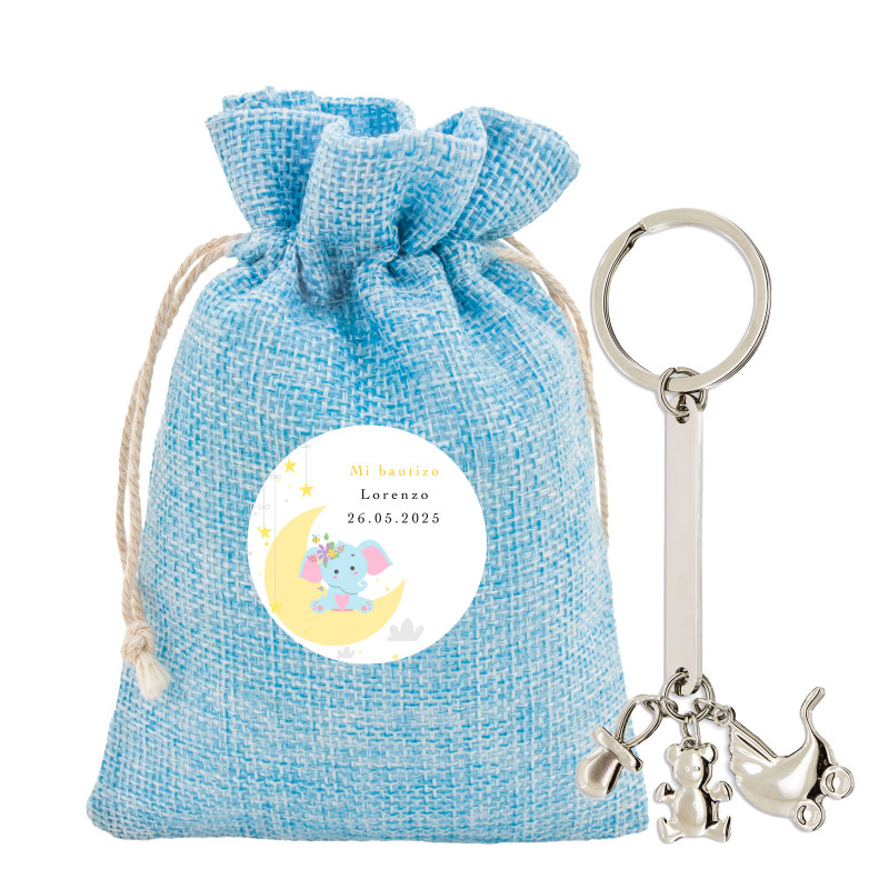 Portachiavi di battesimo con charm in sacchetto di stoffa con adesivo personalizzato di battesimo con elefante