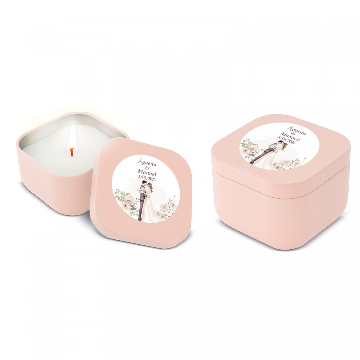 Candelina profumata in scatola rosa personalizzata per dettagli di matrimoni