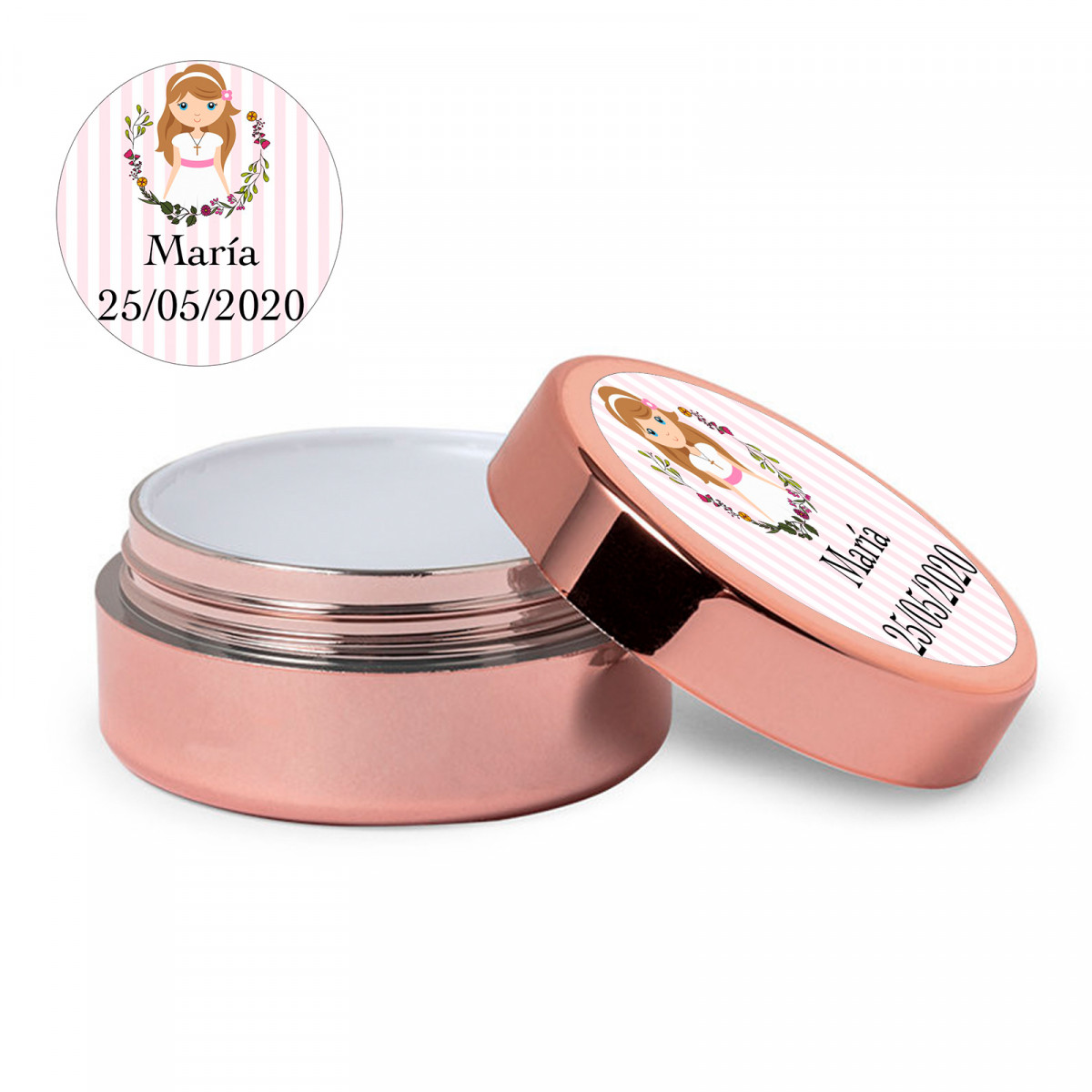 Balsamo labiale oro rosa con adesivo prima comunione bambina personalizzabile per dettagli