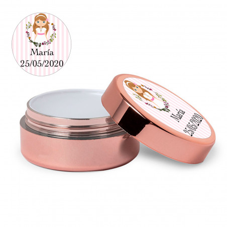 Balsamo labiale oro rosa con adesivo prima comunione bambina personalizzabile per dettagli