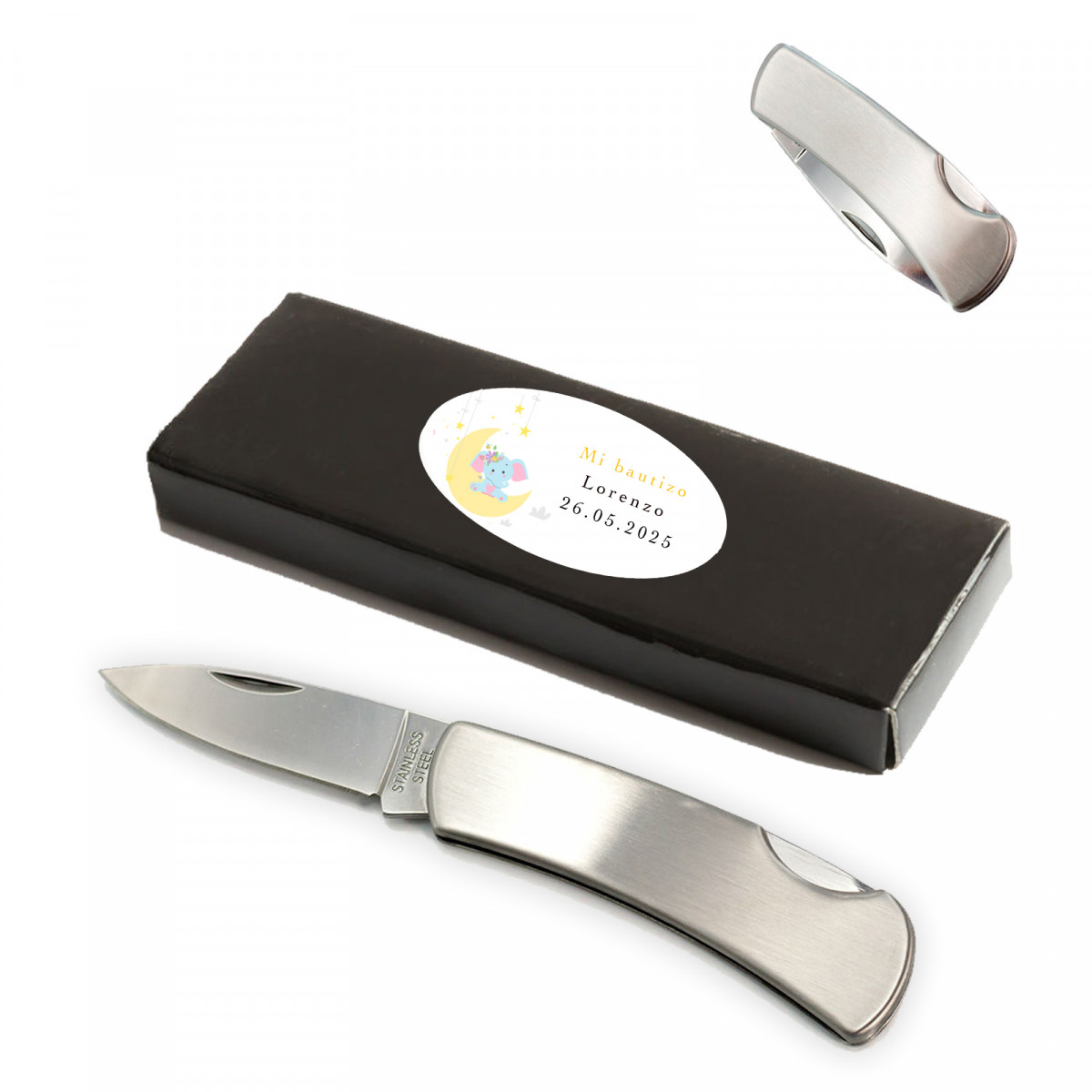 Coltello in acciaio inossidabile con scatola di cartone e adesivo per battesimo