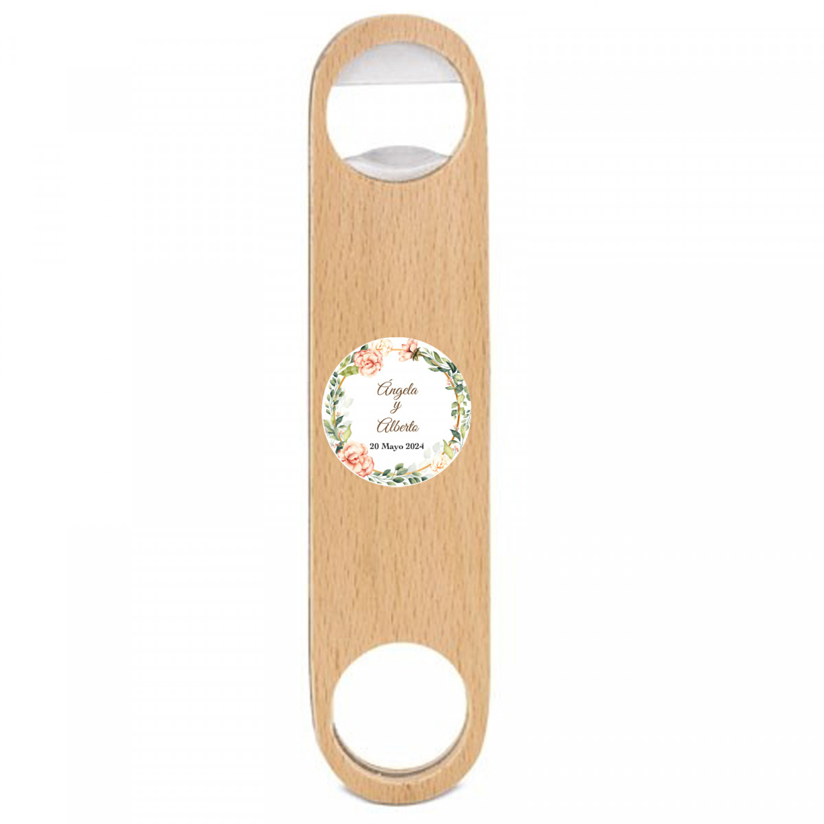 Apribottiglie in legno personalizzato con adesivo floreale
