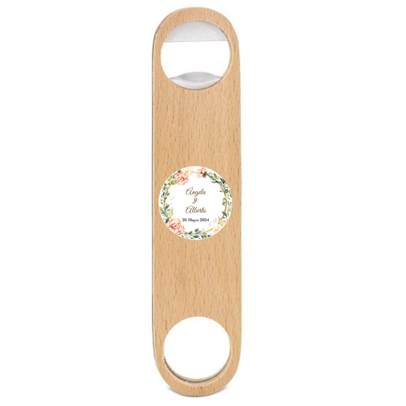 Apribottiglie in legno personalizzato con adesivo floreale