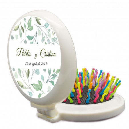 Spazzola con specchio tascabile multicolore con adesivo floreale personalizzato