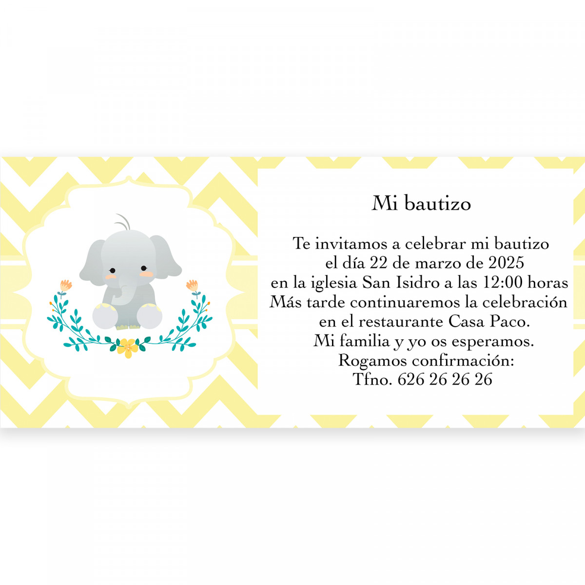 Invito per battesimo design elefante unisex con busta bianca