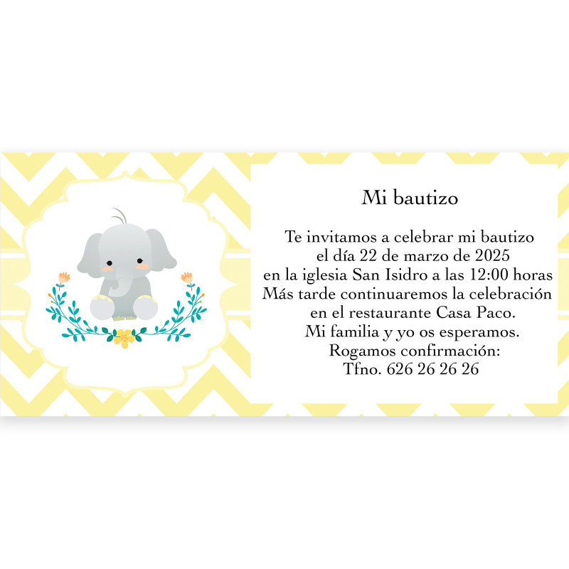 Invito per battesimo design elefante unisex con busta bianca