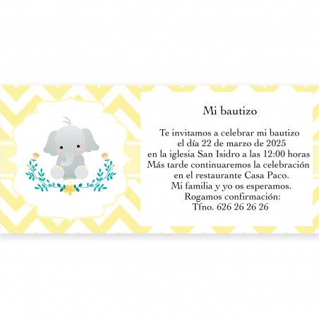 Invito per battesimo design elefante unisex con busta bianca