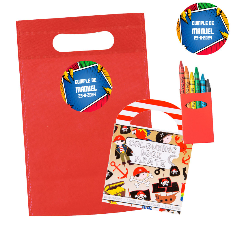 Libro pirata da colorare con pastelli colorati in borsa personalizzata per bambini