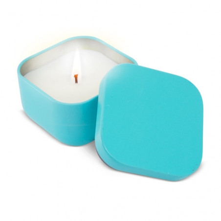 Candela aromatica in scatola metallica blu con adesivo personalizzato per battesimi