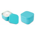 Candela aromatica in scatola metallica blu con adesivo personalizzato per battesimi