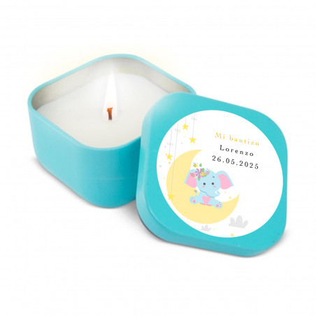 Candela aromatica in scatola metallica blu con adesivo personalizzato per battesimi