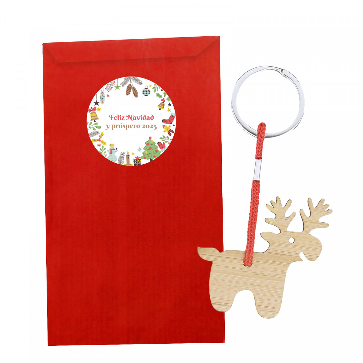 Portachiavi di bambù natalizio in busta rossa personalizzata da regalare