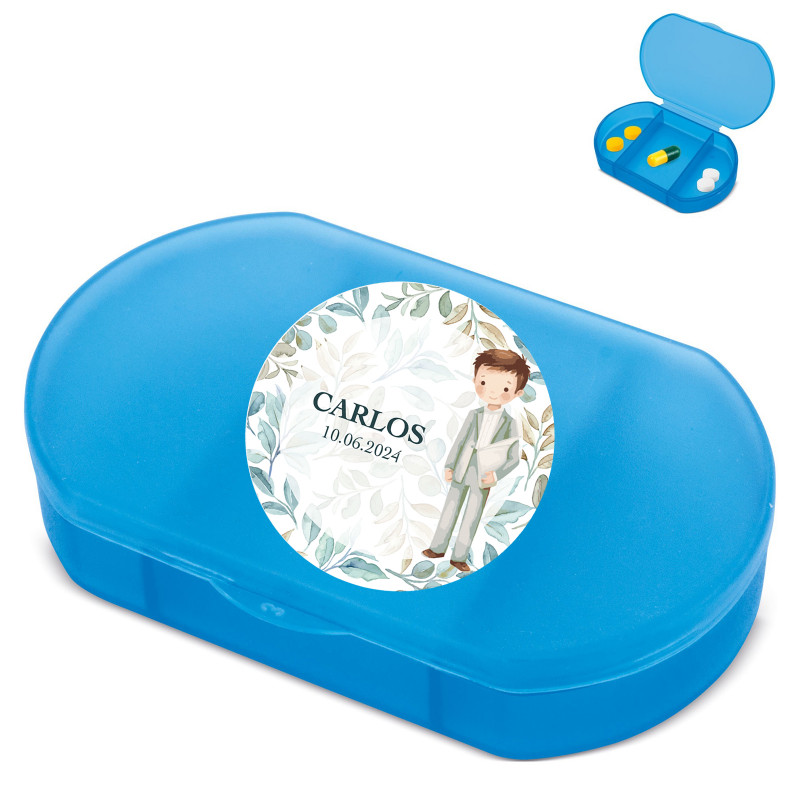 Pastillero blu trizone personalizzato con adesivo di bambino per comunione