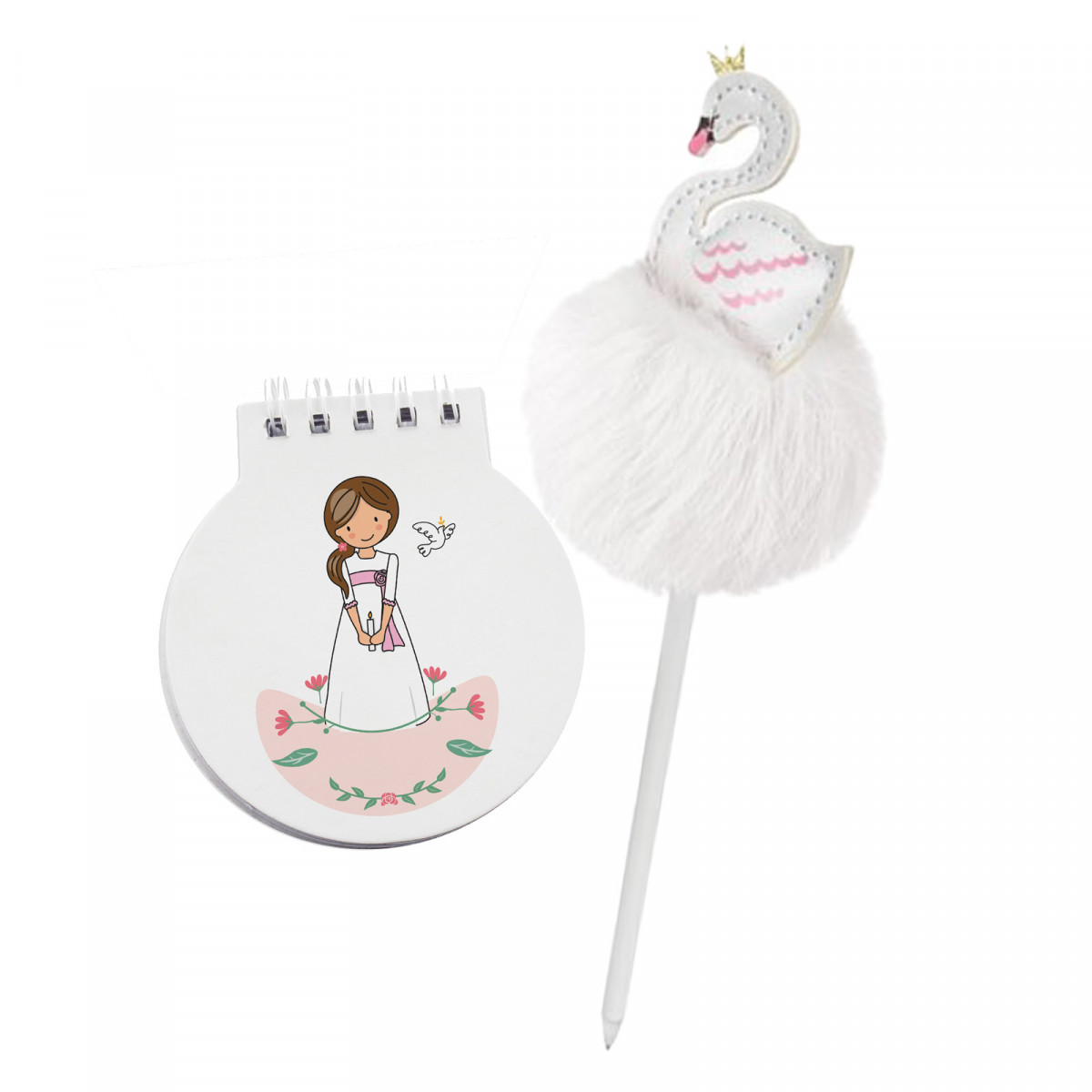 Libretto di comunione per bambina con penna a sfera a forma di cigno con pompon