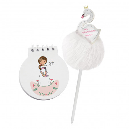 Libretto di comunione per bambina con penna a sfera a forma di cigno con pompon